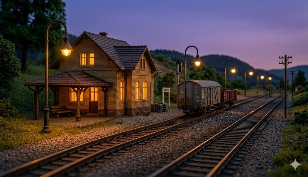 Osvětlení kolejiště: co funguje v praxi (lampy, budovy, den/noc)